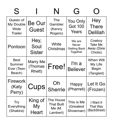 Riley's Singo Songs Bingo Card