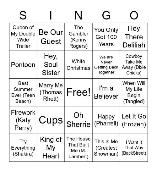 Riley's Singo Songs Bingo Card