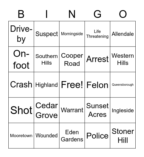 Shreveport Gunshot Bingo Card