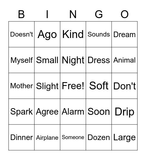 Sight Word Bingo Card