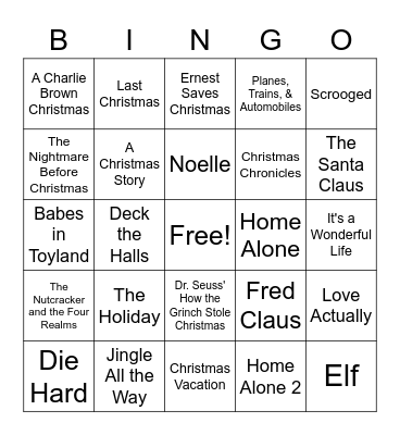 Holiday Movie Bingo Card