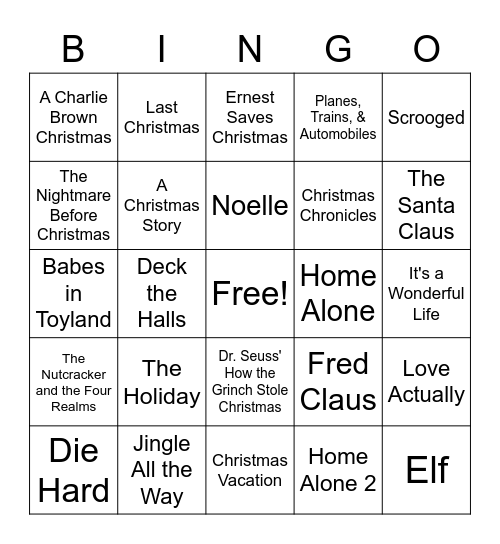 Holiday Movie Bingo Card