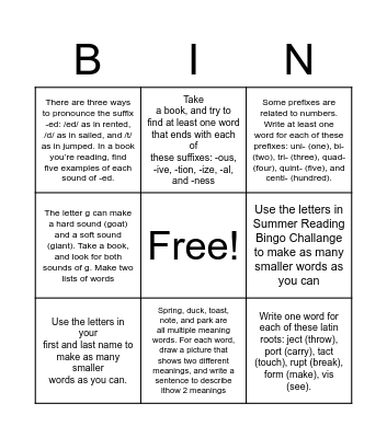 Literacy Building Bingo Card