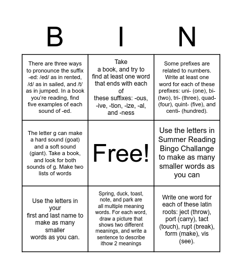 Literacy Building Bingo Card