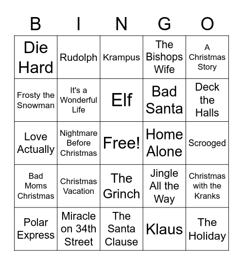 Christmas Movies Bingo Card