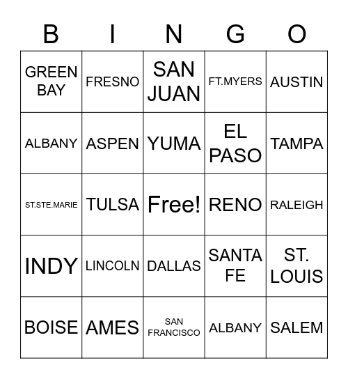 U.S.CITIES Bingo Card