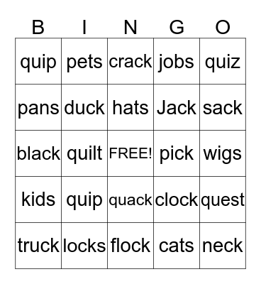 Qq /kw/ - ck /k/ - plurals s/z/ Bingo Card