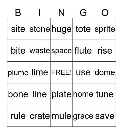 Silent E Bingo Card