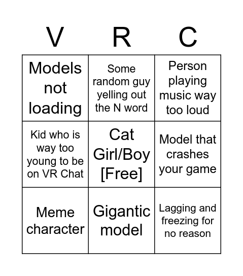 VR Chat Bingo Card
