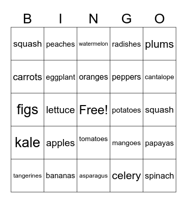 Fruits and Veggies! Bingo Card