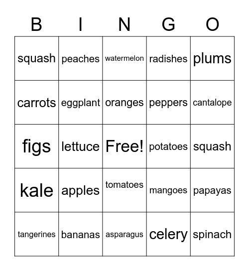 Fruits and Veggies! Bingo Card
