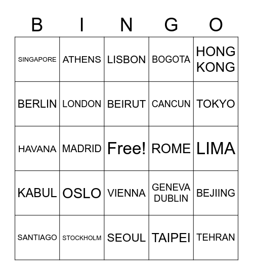 WORLD CITIES Bingo Card