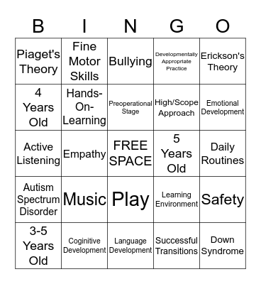 Preschool Appropriate Practices Bingo Card