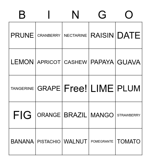 FRUITS AND NUTS Bingo Card