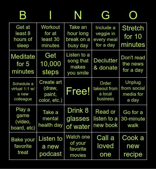 Tonal Wellness Bingo Card