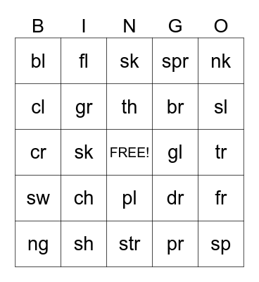 Blends and Digraphs Bingo Card