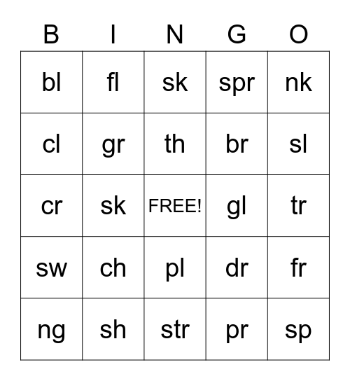 Blends and Digraphs Bingo Card