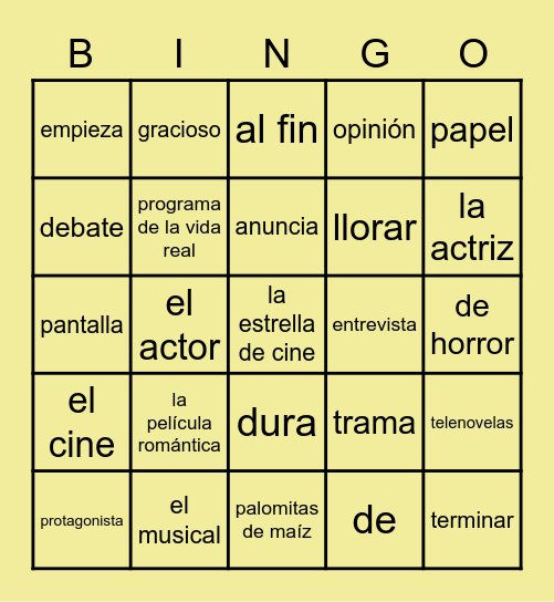 Español 3, Unidad 8 - El Cine Bingo Card