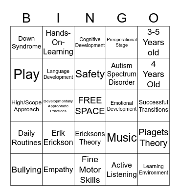 Preschool Appropriate Practices Bingo Card