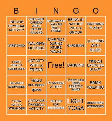 Physical Activity Bingo Card