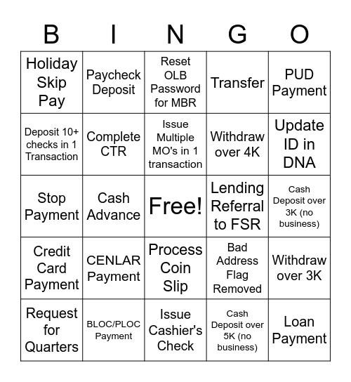 Transaction Bingo Card