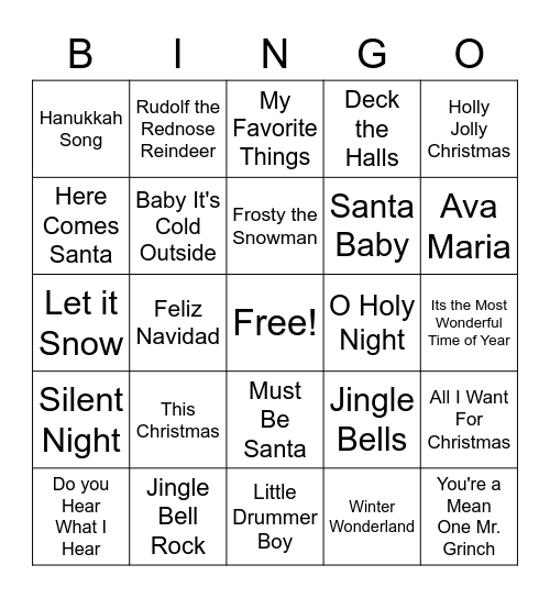 Holiday Songs Bingo Card