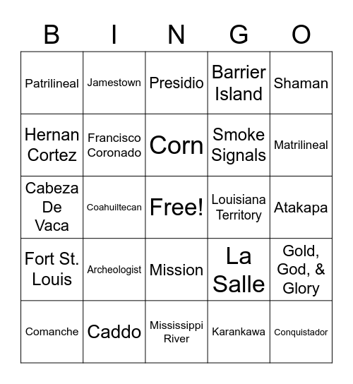 Natives and Explorers Bingo Card