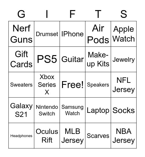 Holiday Gifts Bingo Card