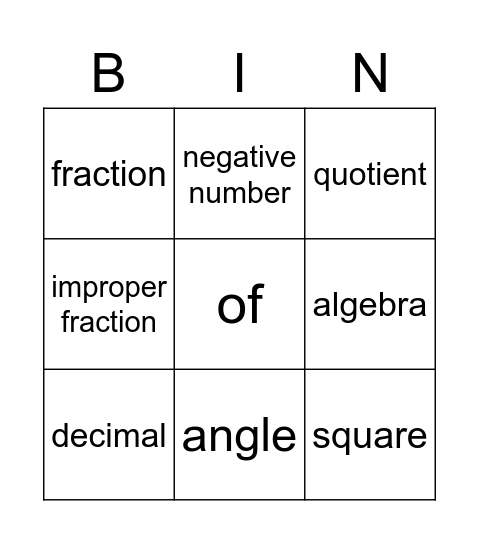 Maths Bingo Card