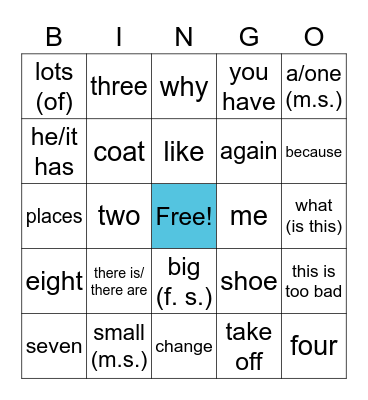 French Vocab D Bingo Card