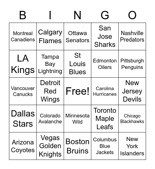 NHL Teams Bingo Card