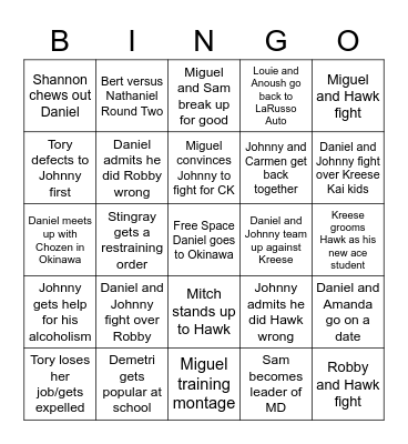 Cobra Kai S3 Predictions Bingo Card