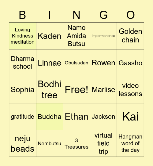 Dharma school 12/13 Bingo Card