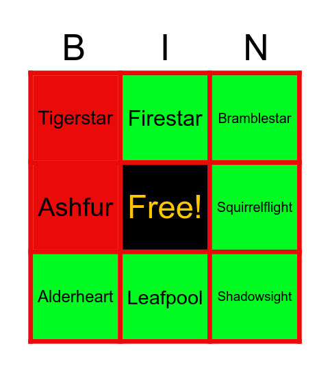 Warriors Bingo! Green=good cats, red=bad cats Bingo Card