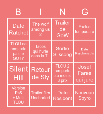 Game Awards Bingo Card