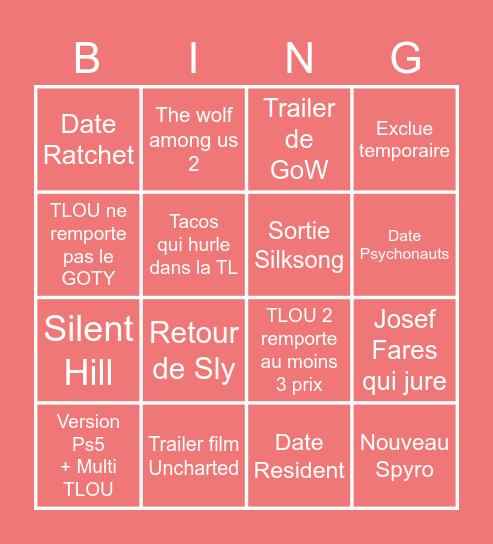 Game Awards Bingo Card