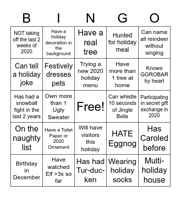 Virtual Holiday Party Bingo Card