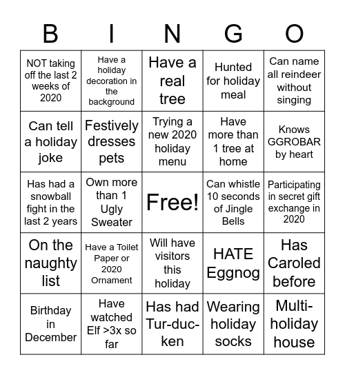 Virtual Holiday Party Bingo Card