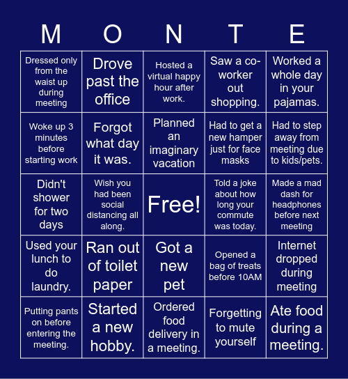 CSUMB Work From Home BINGO Card