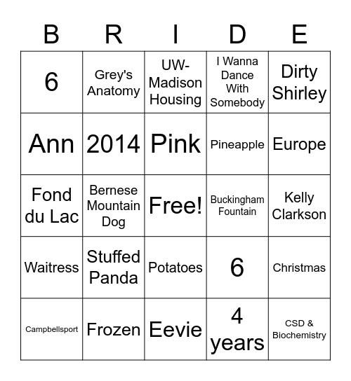 Bridal Shower Bingo Card