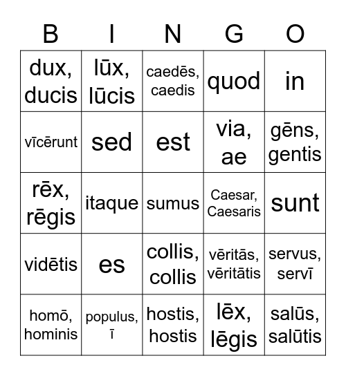 Latin words 37-73 Bingo Card