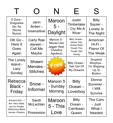 Game Of Tones 12-7-20 Game 5 Bingo Card