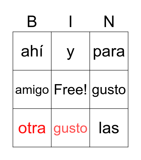 sight words Bingo Card