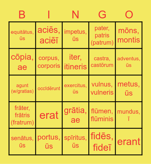 Latin Words 74-109 Bingo Card