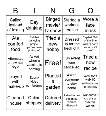 COVID 19 Bingo Card