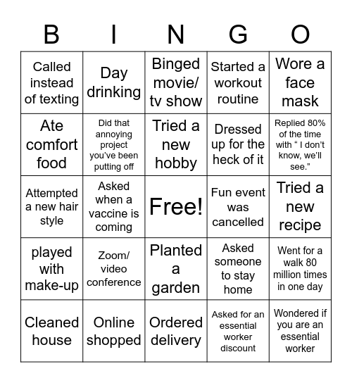 COVID 19 Bingo Card