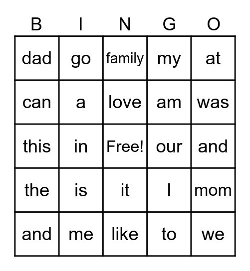 Sight Word Bingo Card