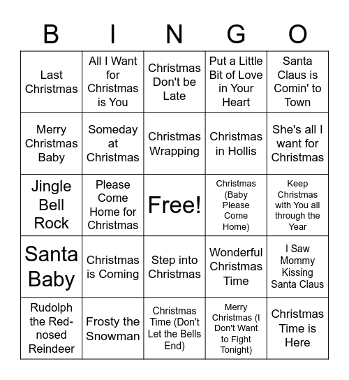 Christmas Song BINGO Card