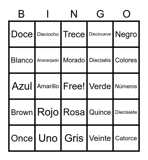 Colors and Numbers 10-20 Bingo Card
