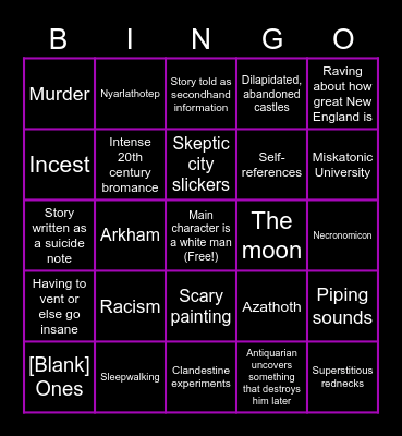 Howard Phillips Lovecraft's Cthulhu Mythos Bingo Card